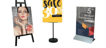 Sign board holders, floor stands and display easels.