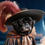 Close-up of pug dressed as a musketeer