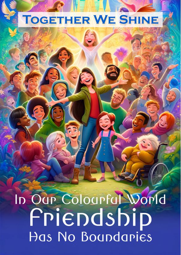 The poster carries the message- Together we shine, In our colourful world freindship has no boundaries